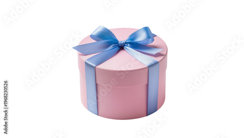 Pink cylindrical gift box wrapped with light blue satin ribbon and bow, isolated on transparent background for promotional marketing designs