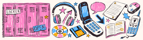 Y2k Retro Aesthetic Doodle Set With Pink School Lockers Flip Phone Headphones And Stationery Elements Isolated On White Background