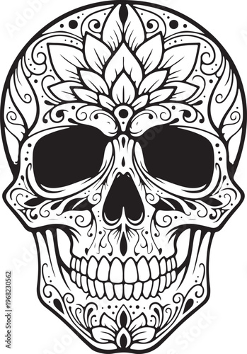 Sugar Skull, Dia de los Muertos, Vector Illustration, Black and White, Floral Patterns