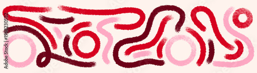 Abstract Red And Pink Chalk Scribbles Set With Circular And Wavy Hand Drawn Shapes