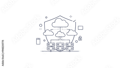 Cloud Computing Network Diagram Illustrating Data Storage and Security.