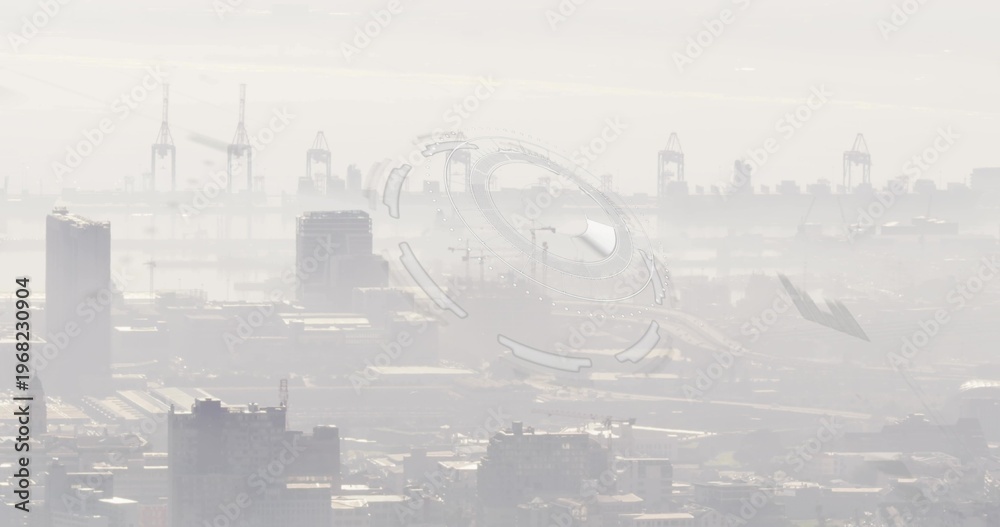 Fototapeta premium Capturing hazy port skyline spreading from elevated viewpoint, with container cranes and faint HUD
