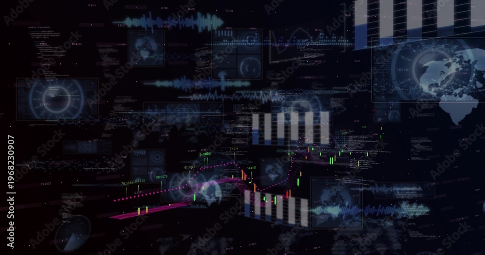 Fototapeta premium Animating central candlestick chart with magenta average line in data dashboard, showing white bars