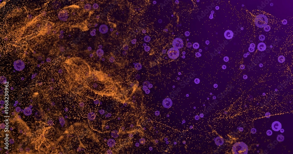 Fototapeta premium Swirling golden filaments and particles drifting on dark purple canvas, ringed discs, copy space