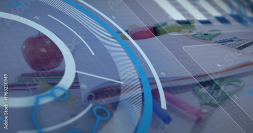 Displaying school and office supplies on desk, with red apple, notebook, scissors, blue HUD overlay