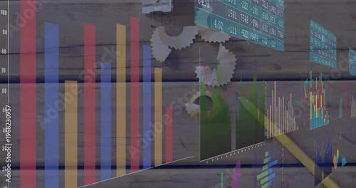 Fototapeta Displaying data charts on wood plank, with vertical bars, green tables, gears, yellow stylus