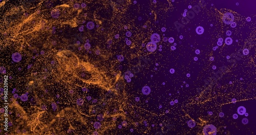 Swirling golden filaments and particles drifting on dark purple canvas, ringed discs, copy space