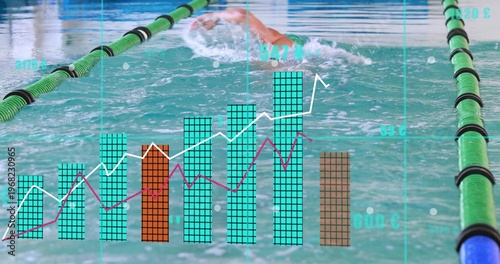 Swimming athlete wearing cap, goggles, suit in lane with green-black dividers and bar chart overlay