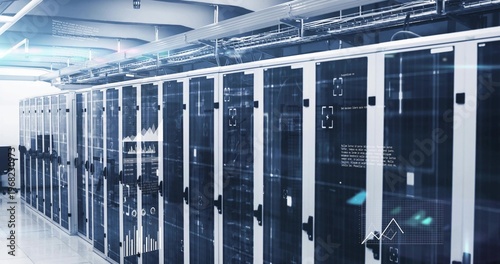 Displaying row of glass-front server racks showing overlays and flashing LED lights in server aisle