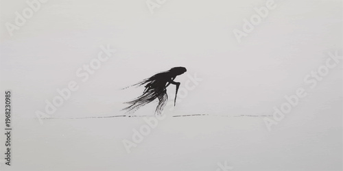 A black and white image of a woman walking along the beach at sunset as birds fly over the crashing ocean waves and sandy coast