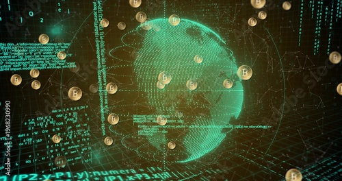 Rotating holographic dot-matrix globe streaming teal lines in cyberspace, with gold Bitcoin coins