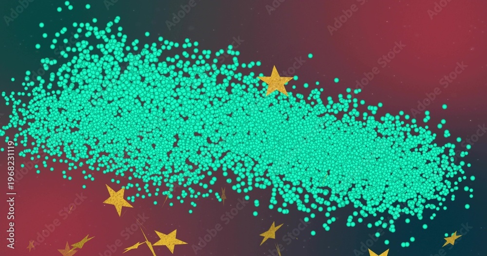 Fototapeta premium Gliding dense turquoise particle band stretching across gradient canvas, with glittering gold stars