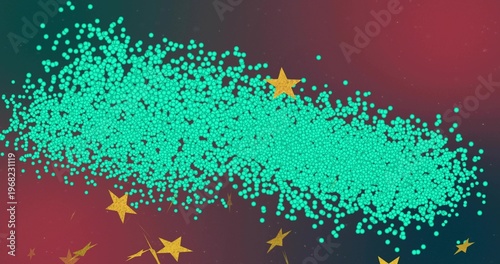 Gliding dense turquoise particle band stretching across gradient canvas, with glittering gold stars