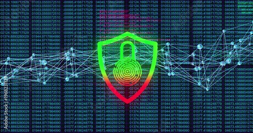 Pulsing shield with padlock and fingerprint hovering over code columns in cyberspace, glowing nodes