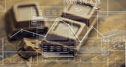 Fototapeta Displaying dark chocolate squares with broken chunk, crumbs on wood tabletop, with data overlays