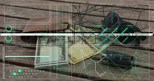 Displaying key fob with yellow tag and folded $20 bills on wooden tabletop showing neon HUD