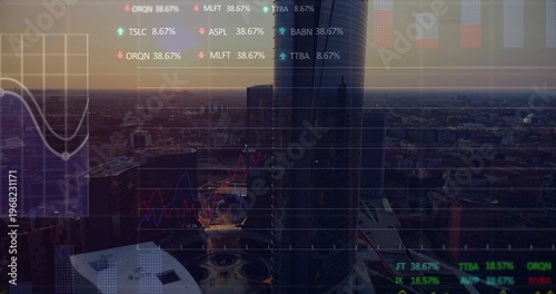Dominating cylindrical glass skyscraper glowing at dusk over downtown plaza, showing HUD overlays