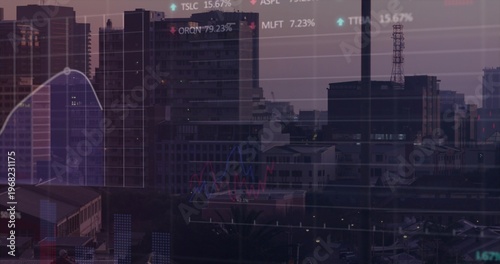 Displaying skyline with highrise buildings, roof HVAC, antenna through window at dusk, with charts