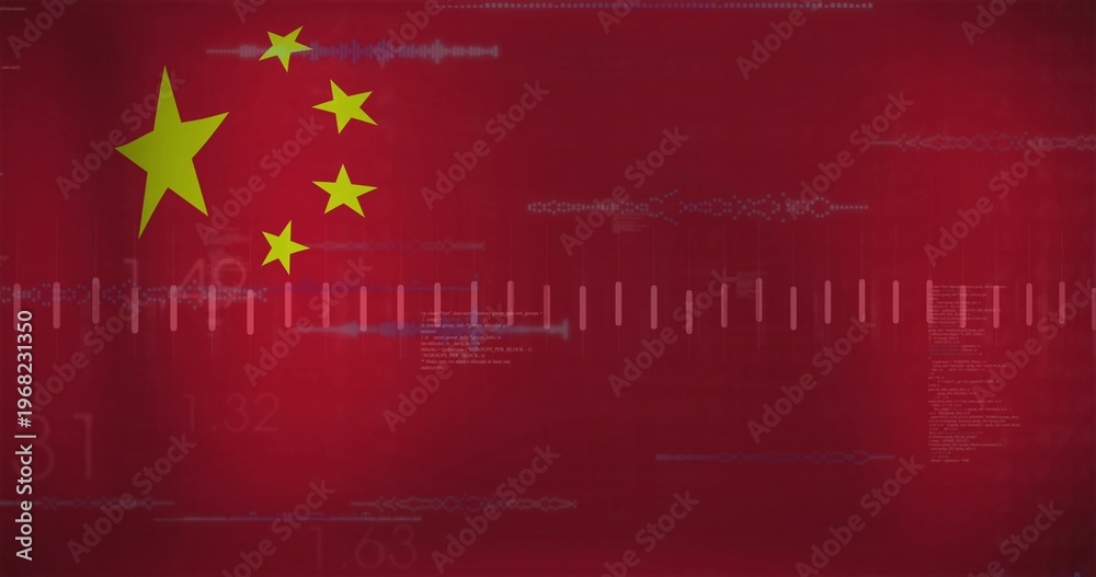 Fototapeta premium Showing five yellow stars hovering over red backdrop, with tick marks, waveform traces, copy space