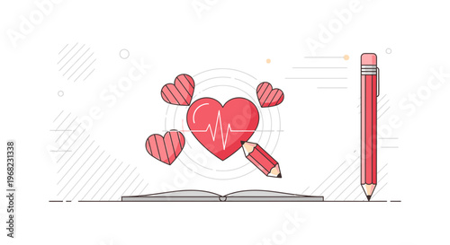 Hand drawn heart with ECG line, surrounded by hearts, open book and pencil
