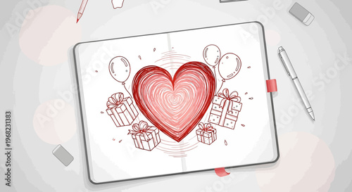 Hand-drawn heart sketch in notebook with gifts and balloons, love concept