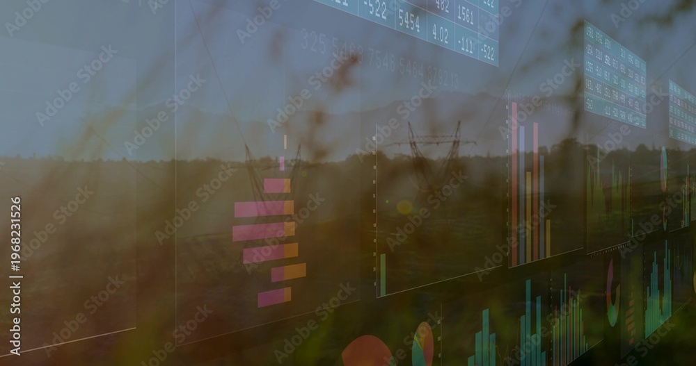 Fototapeta premium Displaying translucent analytics dashboard overlaying grassland at sunset, with charts and tickers