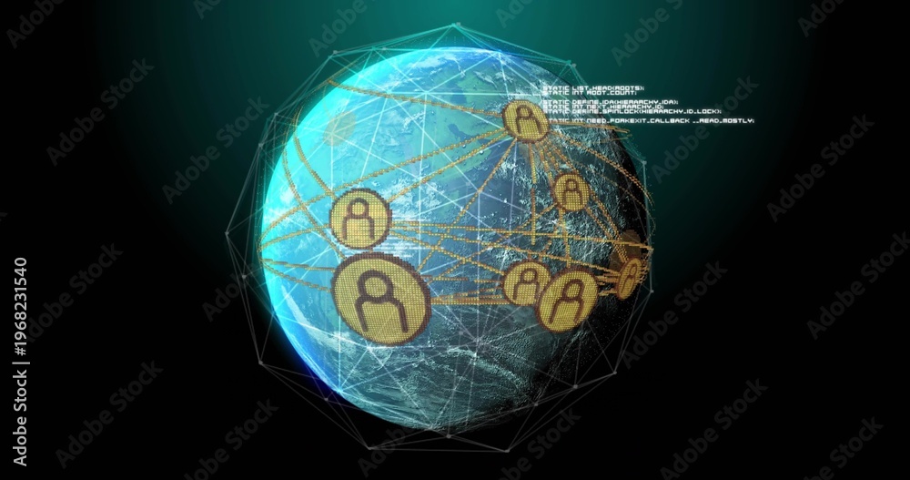 Fototapeta premium Displaying Earth globe rotating in 3D virtual space with wireframe, golden avatars and arcs