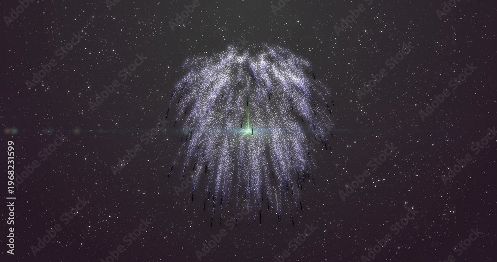 Fototapeta premium Glowing single luminous burst sending cascading particle trails in night sky, with green flare