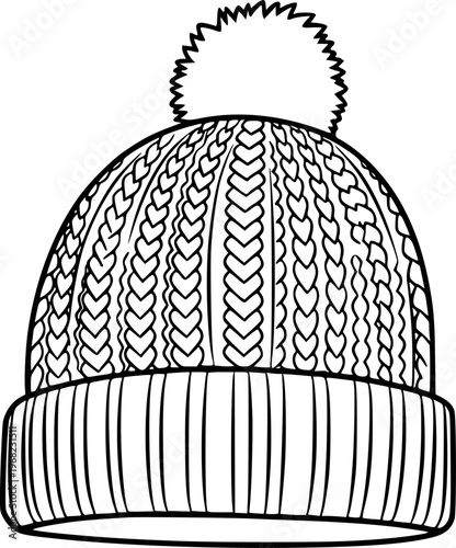 Black and White Line of a Knitted Winter Beanie Hat with Pom pompom