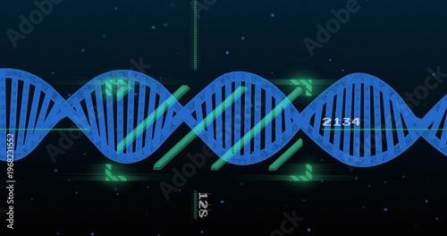 Displaying blue DNA helix graphic moving across center in virtual UI, with green bars and metrics