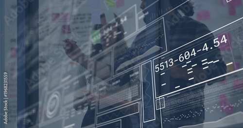 Pointing three staff wearing work clothes analyzing digital UI on office glass with sticky notes