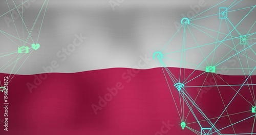 Showing light-gray maroon banner waving in digital graphic featuring cyan mesh camera wifi icons