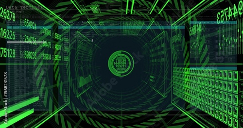 Showing central interface and rings converging in data corridor, with floating panels and grid