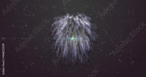 Glowing single luminous burst sending cascading particle trails in night sky, with green flare