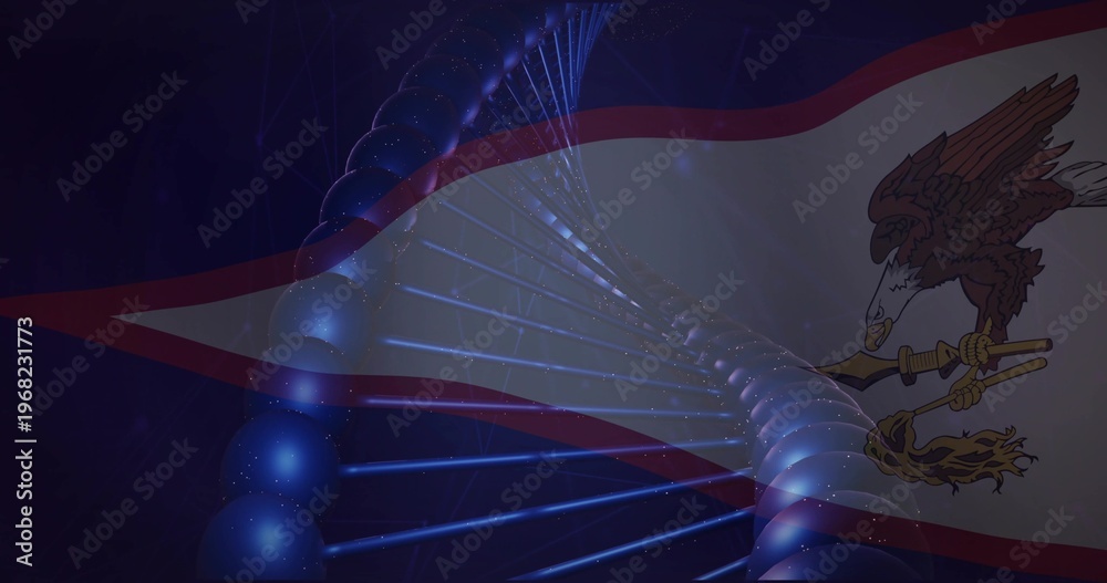 Fototapeta premium Glowing blue DNA helix running diagonally in studio, showing flag and eagle clutching war club
