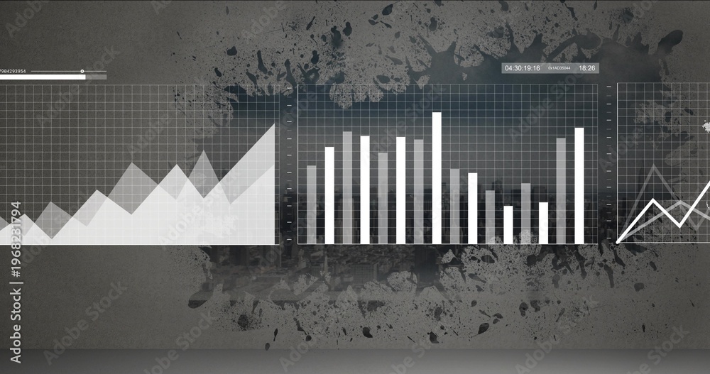 Obraz premium Displaying three translucent chart panels showing data on concrete wall, with tall bar and HUD