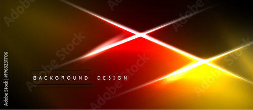 Abstract background features vibrant yellow, red gradients. Diagonal lines create dynamic light effects, contrasting dark space. Modern design element.