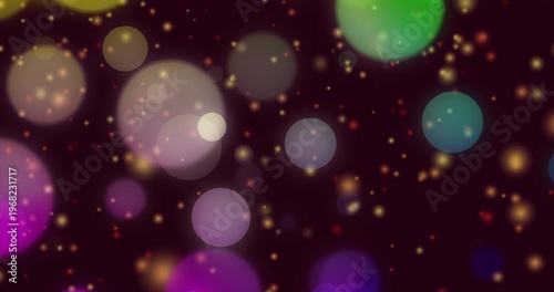 Glowing multicolor round bokeh lights drifting on dark maroon background, with golden glitter