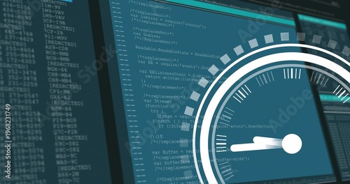 Displaying translucent gauge overlaying right screen at desk with code editor, console, copy space