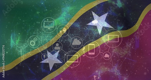 Displaying central tech composite shifting across digital banner, with cloud monitor phone icons