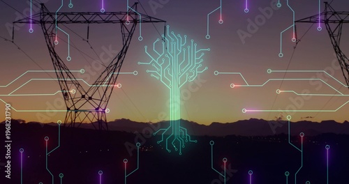 Glowing circuit-tree graphic hovering over valley at dusk, with transmission towers and power lines