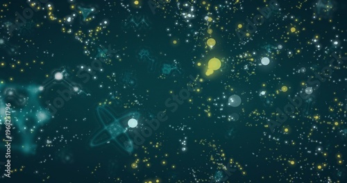Pulsing particle field glowing on deep teal backdrop, with luminous points, orbs, cyan motifs