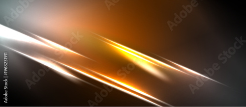 Abstract design features bright orange, white streaks against dark background. Dynamic composition evokes energy, speed, modern aesthetic.