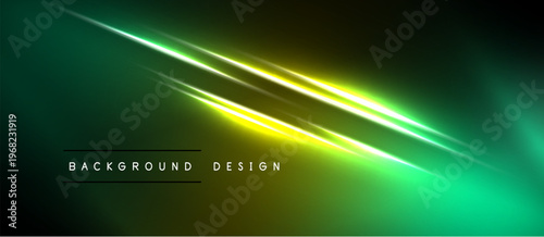 Abstract neon lines intersect dark background. Vibrant green, yellow hues create dynamic visual effect. Text reads background design.
