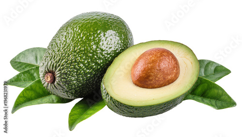Fotografía Ripe green avocado fruit one halved revealing creamy flesh and large seed, isola