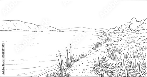 Black and white line of a serene lake shore with rolling hills in the distance water
