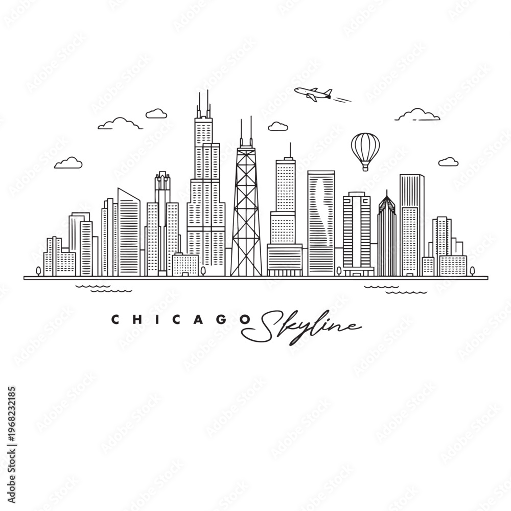 Obraz premium Chicago Skyline Outline Icon Vector, Minimal Line Art City Illustration