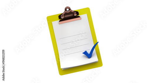 Bright yellow clipboard holding blank lined paper with a prominent blue checkmark, isolated on transparent background for business reports and checklists