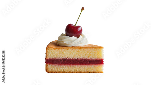 Golden sponge cake slice with vibrant red jam layer and fluffy cream swirl topped with a glossy dark cherry, isolated on transparent background for dessert menus