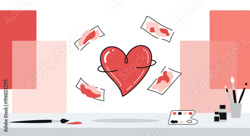 Hand-drawn Heart Art with Painting Supplies, Creative Process, Love and Inspiration